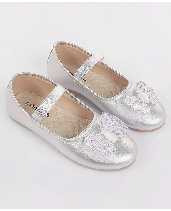 Pine Kids Bow & Stone Detailing Ballerinas with Velcro Closure - Silver