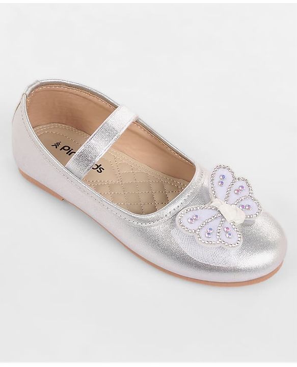 Pine Kids Bow & Stone Detailing Ballerinas with Velcro Closure - Silver