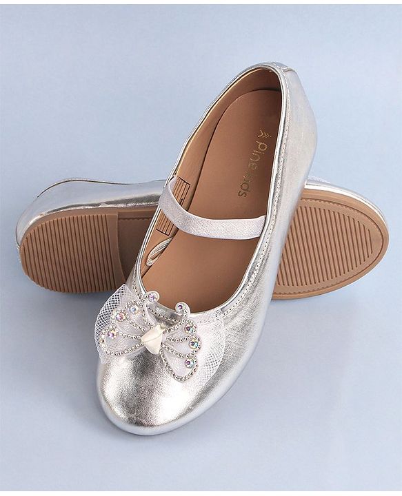 Pine Kids Bow & Stone Detailing Ballerinas with Velcro Closure - Silver