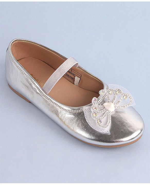 Pine Kids Bow & Stone Detailing Ballerinas with Velcro Closure - Silver
