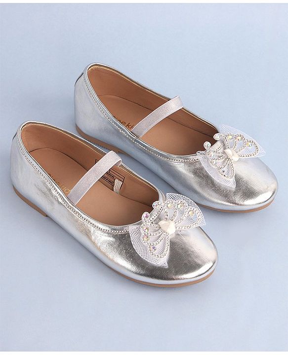 Pine Kids Bow & Stone Detailing Ballerinas with Velcro Closure - Silver