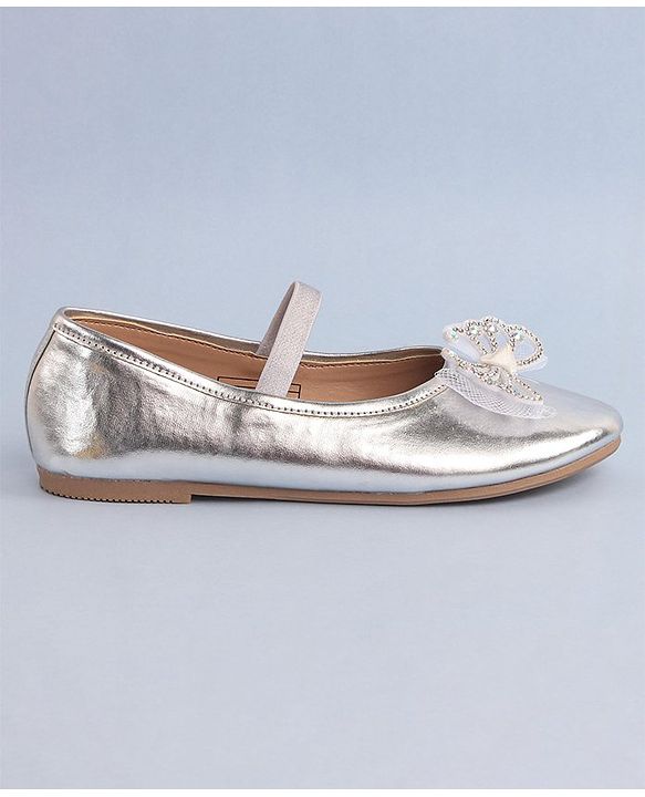 Pine Kids Bow & Stone Detailing Ballerinas with Velcro Closure - Silver