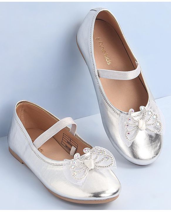 Pine Kids Bow & Stone Detailing Ballerinas with Velcro Closure - Silver