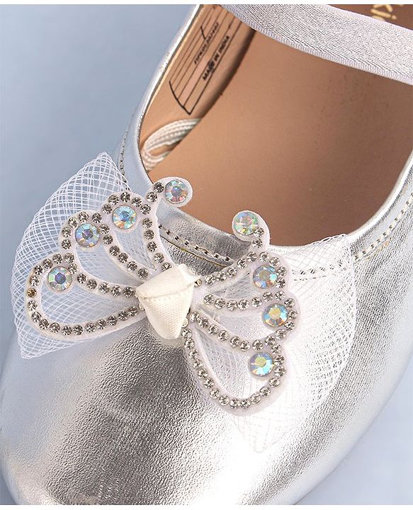 Pine Kids Bow & Stone Detailing Ballerinas with Velcro Closure - Silver