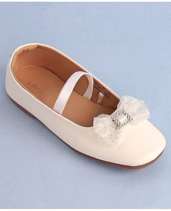 Pine Kids Bow Applique Ballerinas with Backstrap- White