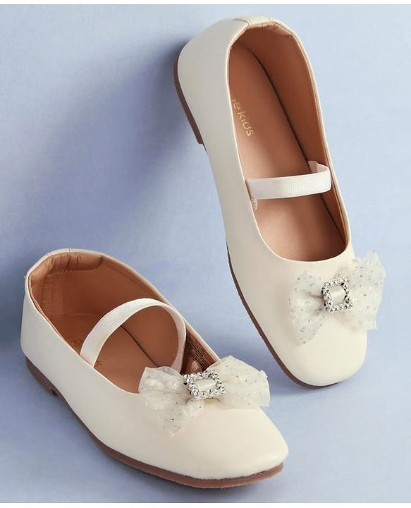Pine Kids Bow Applique Ballerinas with Backstrap- White