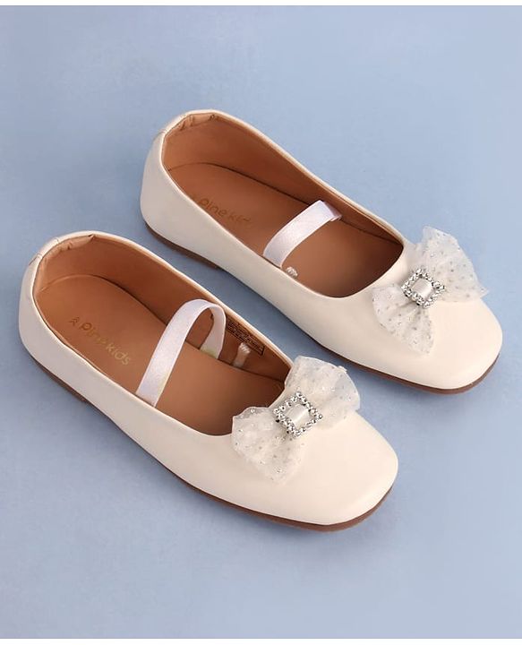 Pine Kids Bow Applique Ballerinas with Backstrap- White