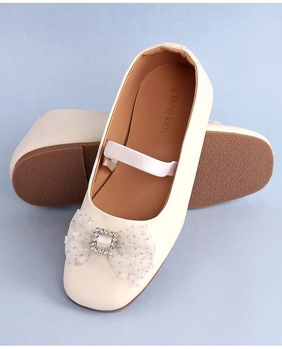 Pine Kids Bow Applique Ballerinas with Backstrap- White