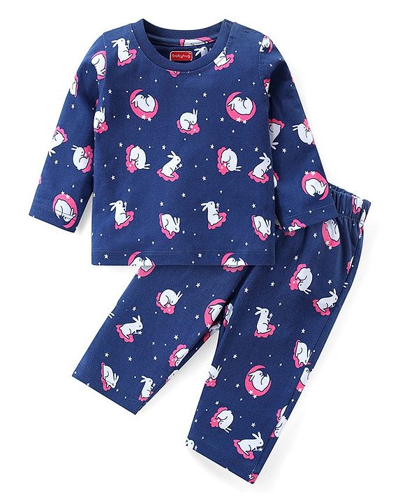 Babyhug Cotton Knit Full Sleeves Night Suit with Rabbit Print - Navy Blue