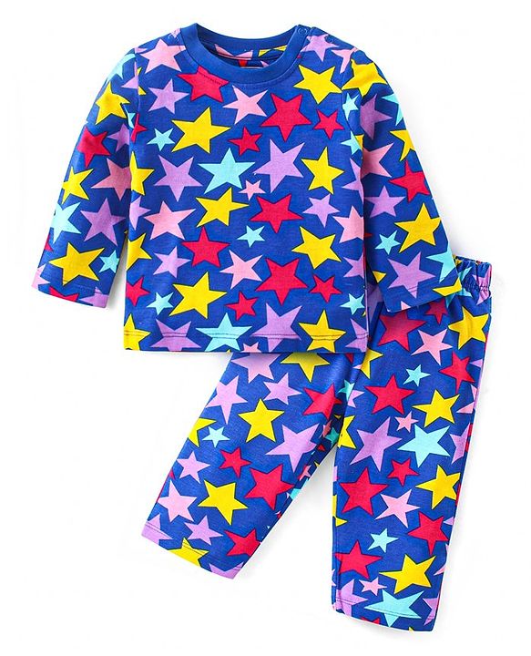 Babyhug Cotton Knit Full Sleeves Night Suit With Star Print - Navy Blue