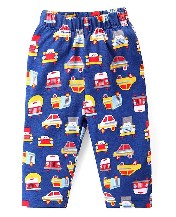 Babyhug Cotton Knit Full Sleeves Night Suit with Vehicle Print - Navy Blue