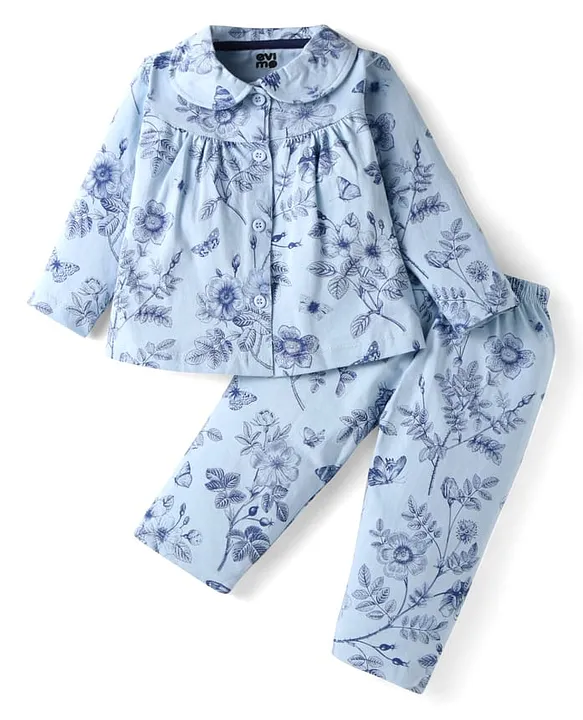 Evimo Single Jersey Knit Full Sleeves Floral Printed Night Suit Light Blue