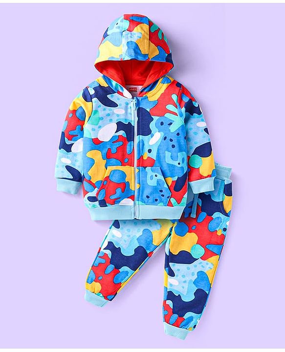 Babyhug Terry Knit Full Sleeves Abstract Printed  Hooded Sweatjacket & Joggers Set with Kangaroo Pockets - Blue Yellow & Red