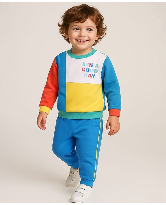 Babyhug Terry Knit Full Sleeves Cut & Sew T-Shirt & Lounge Pants Set With Text Print - Blue