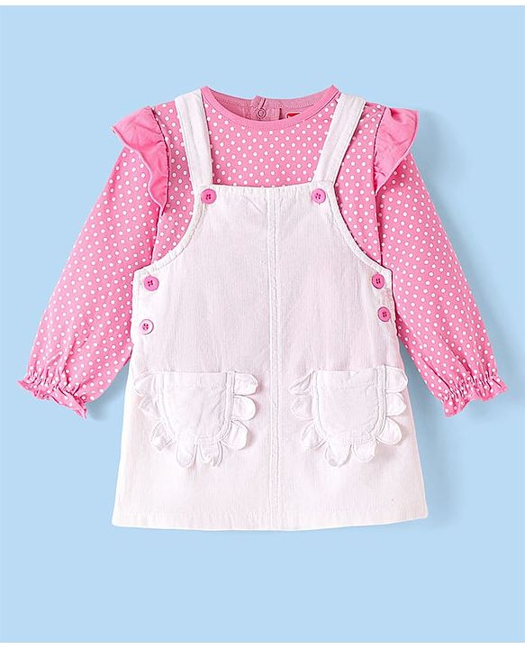 Babyhug Cotton Woven Full Sleeves Polka Dots Printed Top with Frock - White & Pink