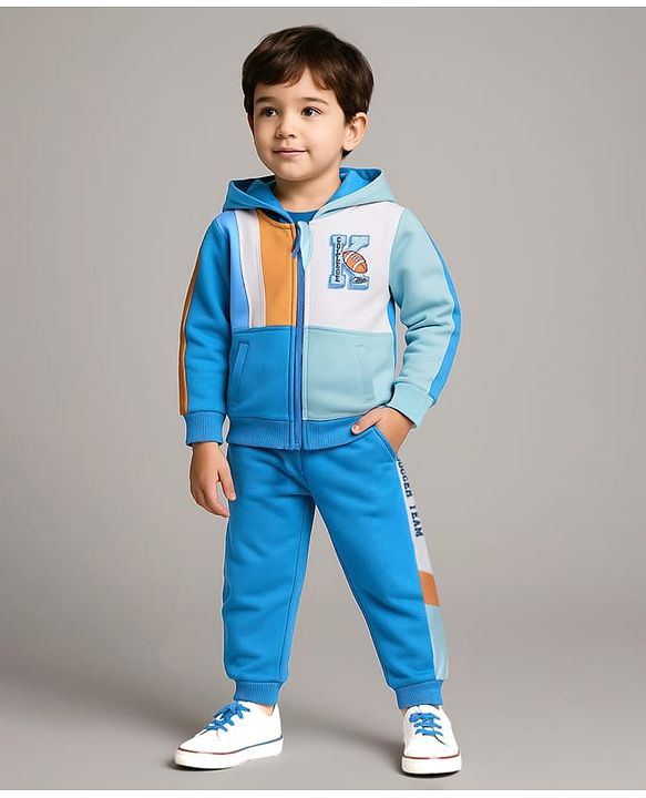 Babyhug Cotton Knit Full Sleeves Hooded Front Zipper Color Block T-Shirt & Lounge Pants Set - Blue