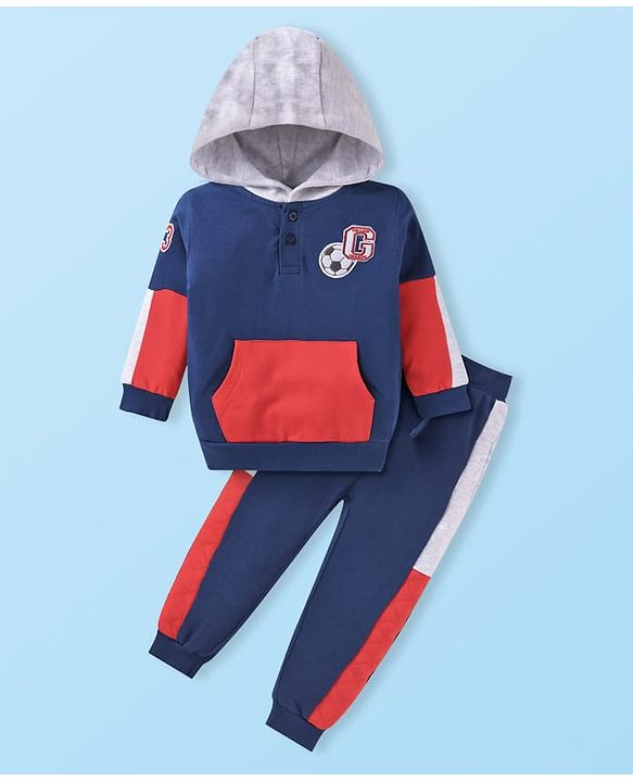 Babyhug Terry Knit Full Doctor Sleeves Hooded Cut & Sew Sweatshirt & Joggers Set with Kangaroo Pockets & Patch - Navy Blue