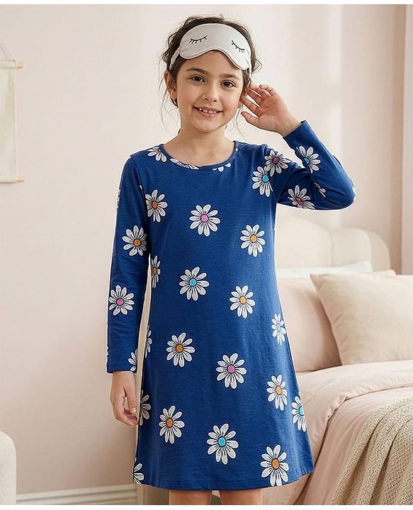 Pine Kids Single Jersey Knit Full Sleeves Floral Printed Nighty - Navy