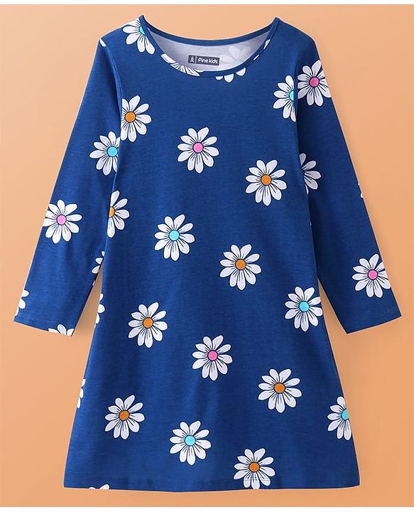 Pine Kids Single Jersey Knit Full Sleeves Floral Printed Nighty - Navy