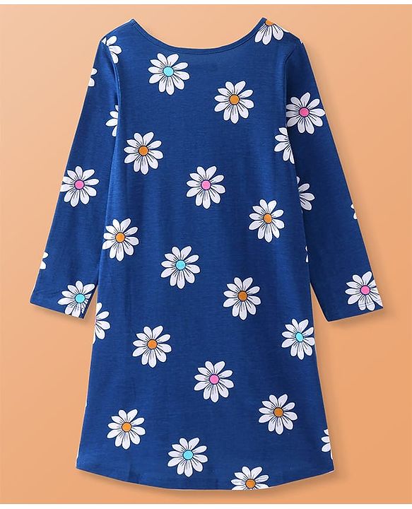Pine Kids Single Jersey Knit Full Sleeves Floral Printed Nighty - Navy