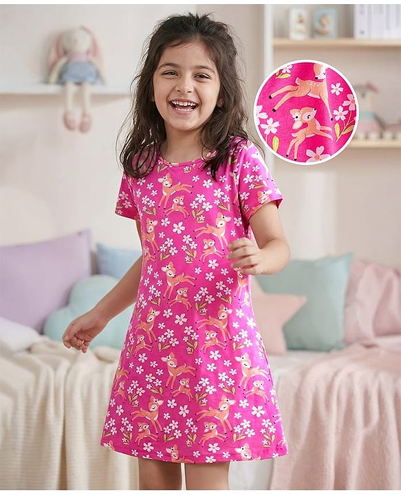 Pine Kids Single Jersey Knit Half Sleeves Nighty Floral & Deer Print - Fuschia Purple