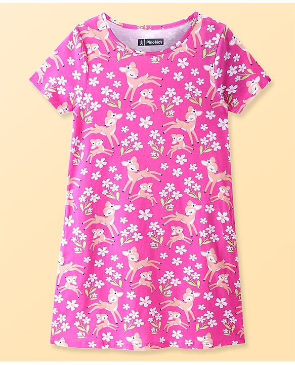 Pine Kids Single Jersey Knit Half Sleeves Nighty Floral & Deer Print - Fuschia Purple
