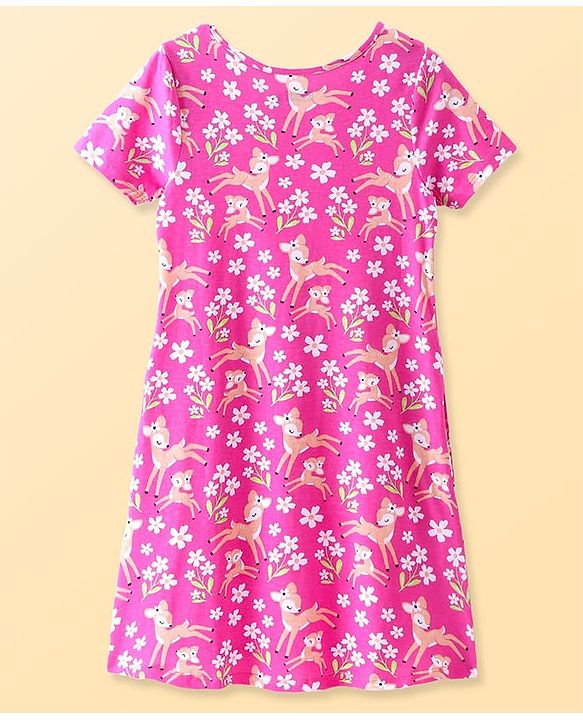 Pine Kids Single Jersey Knit Half Sleeves Nighty Floral & Deer Print - Fuschia Purple
