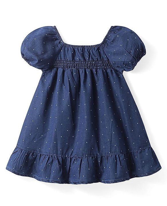 Babyhug Cotton Woven Half Puffed Sleeves Frock with Polka Dots Print - Navy Blue