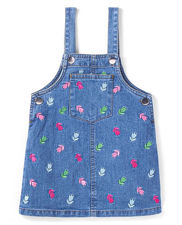 Babyhug Woven Full Sleeves Solid Colour Top with Floral Embroidered Denim Peter Pan Collared Frock   - Pink & Blue