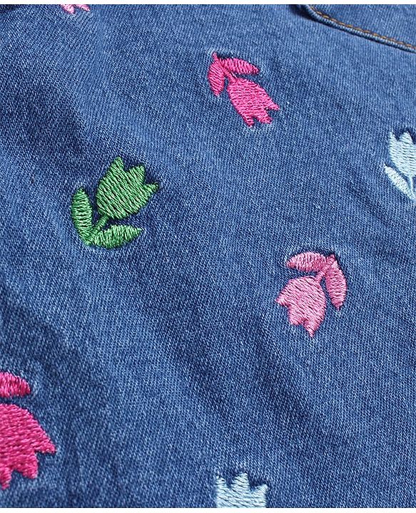 Babyhug Woven Full Sleeves Solid Colour Top with Floral Embroidered Denim Peter Pan Collared Frock   - Pink & Blue