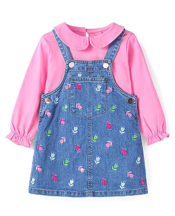 Babyhug Woven Full Sleeves Solid Colour Top with Floral Embroidered Denim Peter Pan Collared Frock   - Pink & Blue