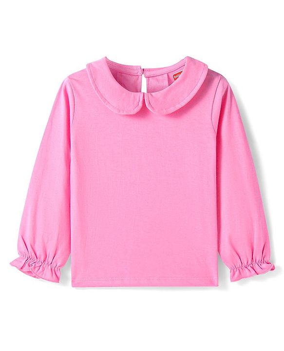 Babyhug Woven Full Sleeves Solid Colour Top with Floral Embroidered Denim Peter Pan Collared Frock   - Pink & Blue