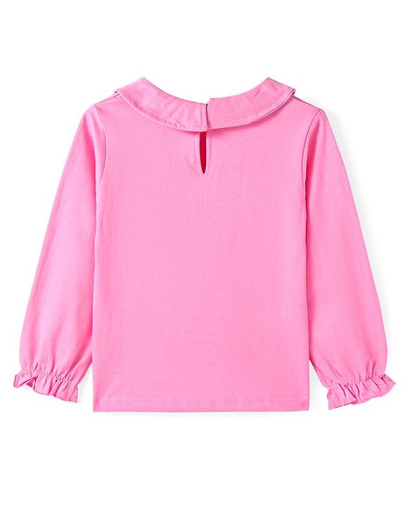 Babyhug Woven Full Sleeves Solid Colour Top with Floral Embroidered Denim Peter Pan Collared Frock   - Pink & Blue