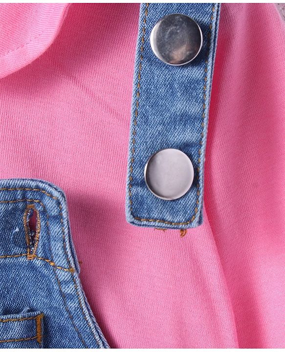 Babyhug Woven Full Sleeves Solid Colour Top with Floral Embroidered Denim Peter Pan Collared Frock   - Pink & Blue