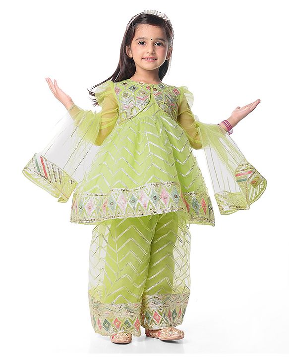 Babyhug Woven Three Fourth Sleeves Kurta Palazzo & Dupatta Set with Sequin Embroidery - Lime Yellow