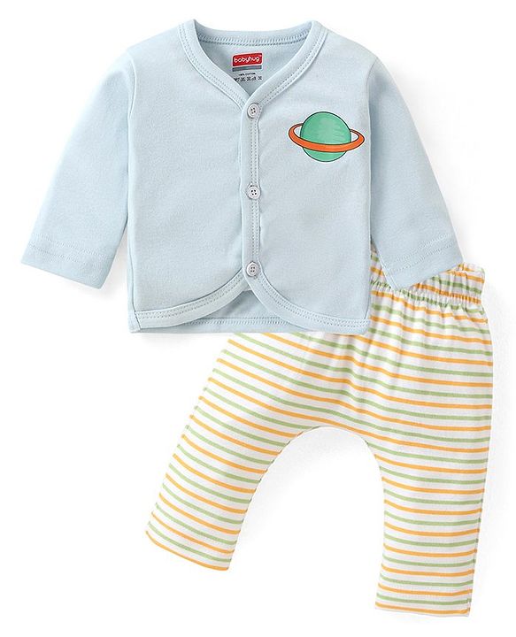 Babyhug Cotton Knit Full Sleeves Front Open Night Suit With Stripes & Planet Print - Light Blue
