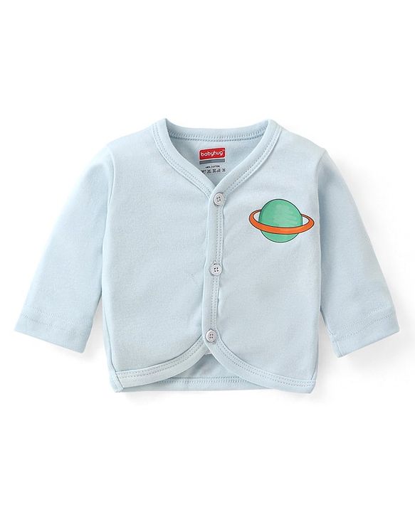 Babyhug Cotton Knit Full Sleeves Front Open Night Suit With Stripes & Planet Print - Light Blue