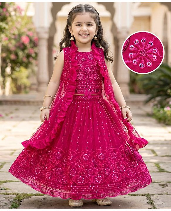 Babyhug Woven Sleeveless Sequined Embroidered Choli Lehenga Set with Shrug & Frill Detailing  - Fuschia