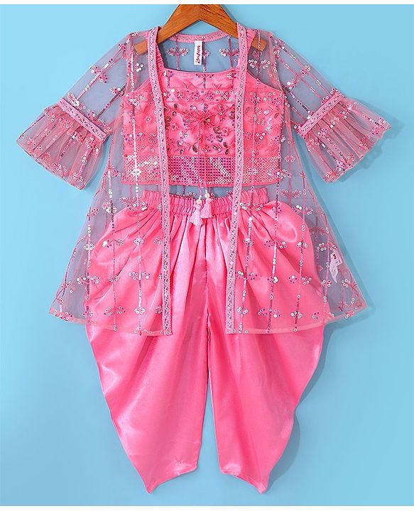 Babyhug Woven Bell Sleeves Net Embroidered Kaftan Jacket with Top & Dhoti Set - Dark Pink