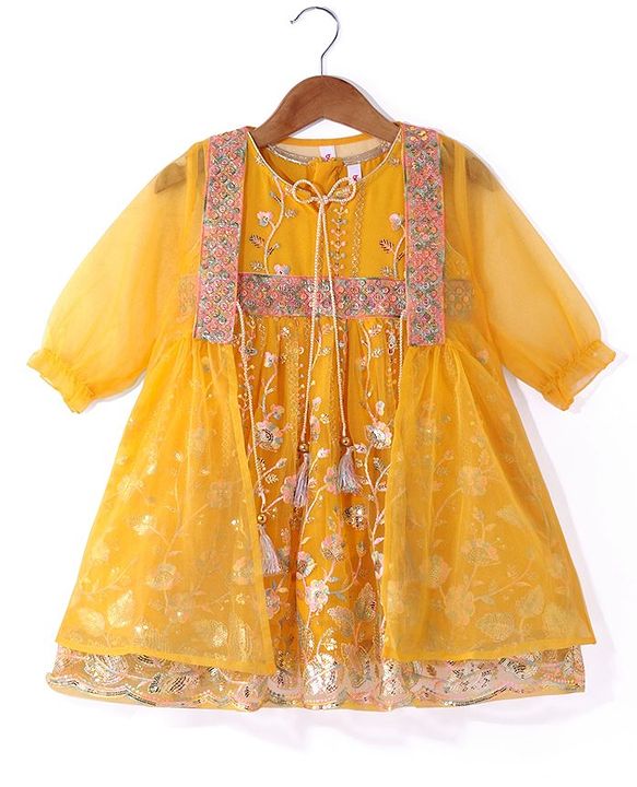 Babyhug Woven Sequinned Floral Embroidered Frock with Three Fourth Sleeves Net Jacket -Yellow