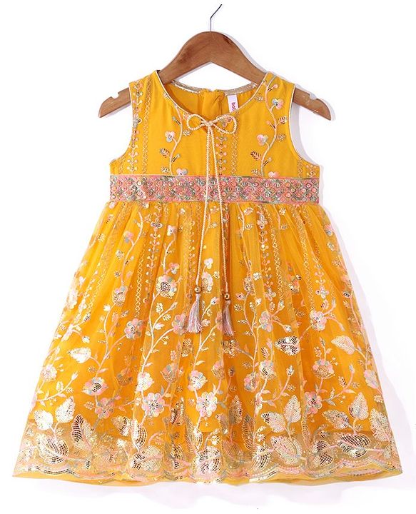 Babyhug Woven Sequinned Floral Embroidered Frock with Three Fourth Sleeves Net Jacket -Yellow