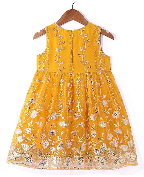 Babyhug Woven Sequinned Floral Embroidered Frock with Three Fourth Sleeves Net Jacket -Yellow