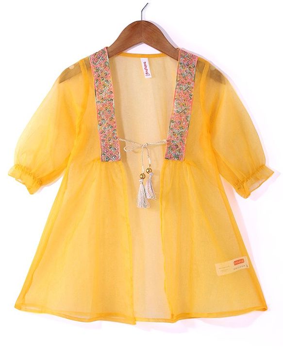 Babyhug Woven Sequinned Floral Embroidered Frock with Three Fourth Sleeves Net Jacket -Yellow