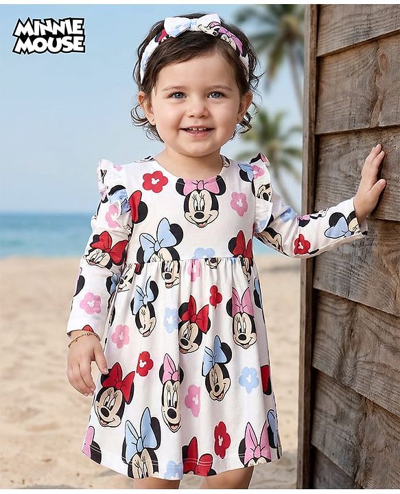 Babyhug Disney Single Jersey Knit Full Sleeves Frock With Minnie Mouse Graphics Bloomer & Headband - White