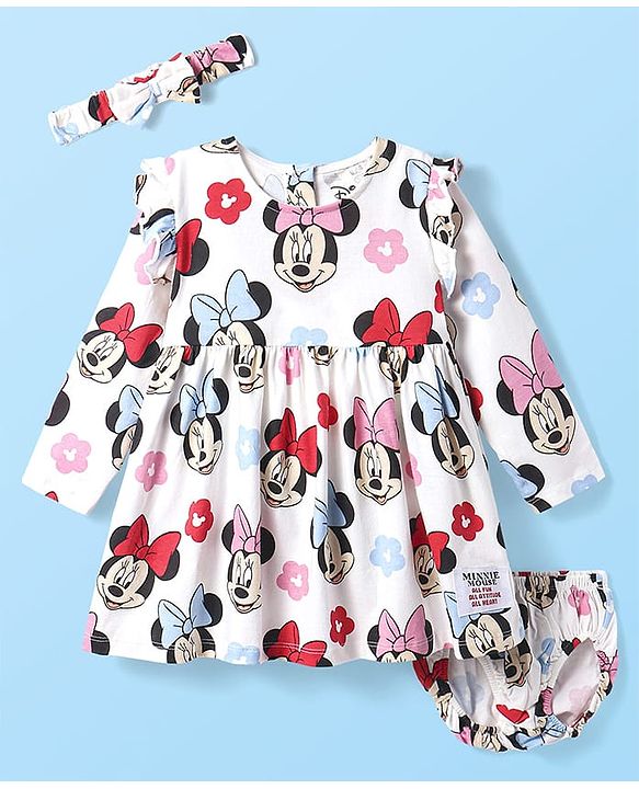 Babyhug Disney Single Jersey Knit Full Sleeves Frock With Minnie Mouse Graphics Bloomer & Headband - White