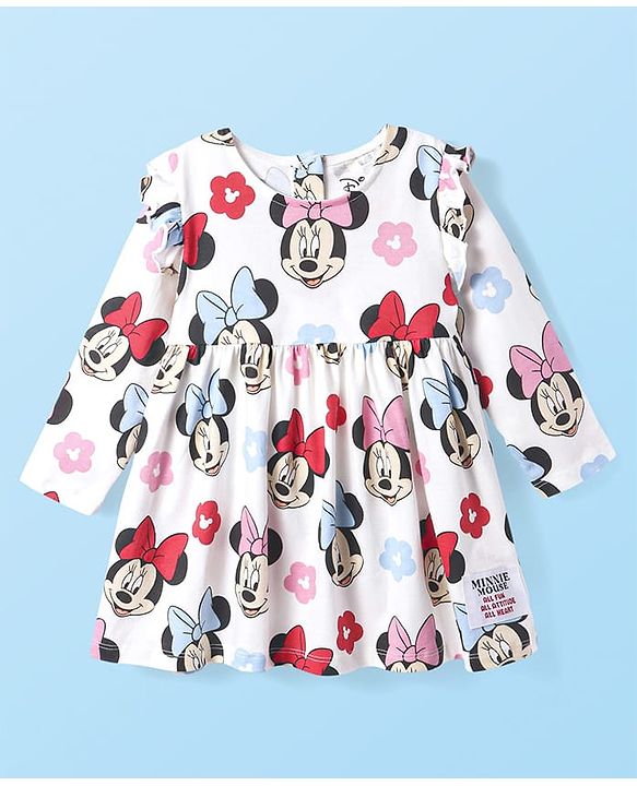 Babyhug Disney Single Jersey Knit Full Sleeves Frock With Minnie Mouse Graphics Bloomer & Headband - White