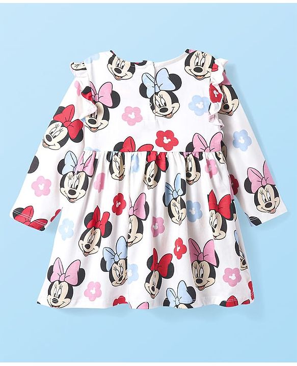 Babyhug Disney Single Jersey Knit Full Sleeves Frock With Minnie Mouse Graphics Bloomer & Headband - White