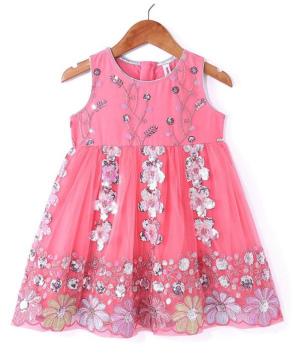 Babyhug Woven Sleeveless Sequined Embroidered Ethnic Dress - Pink