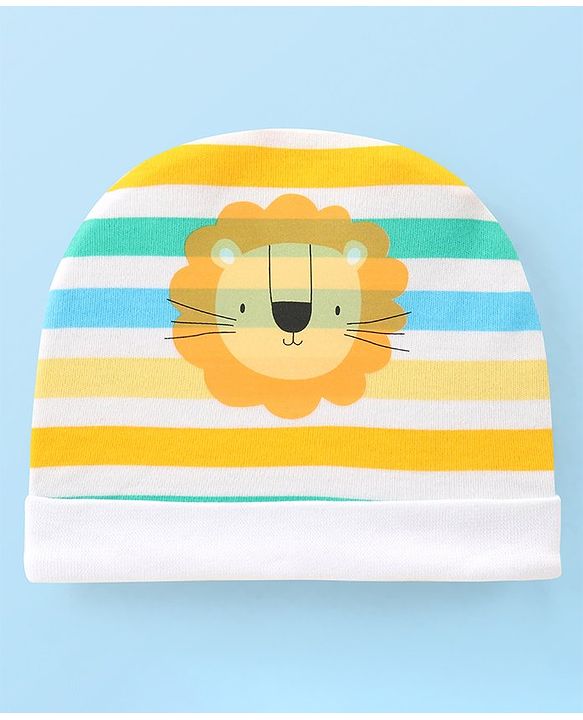 Babyhug 100% Cotton Knit Striped Cap With Lion Print - Multicolor