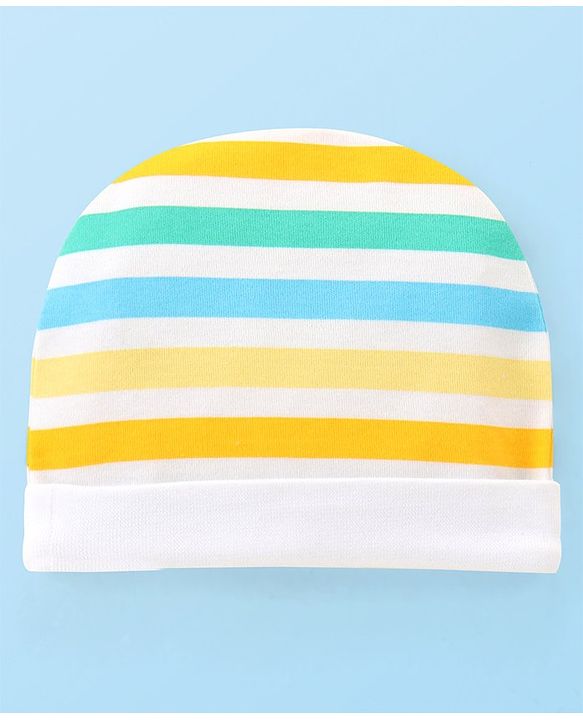 Babyhug 100% Cotton Knit Striped Cap With Lion Print - Multicolor